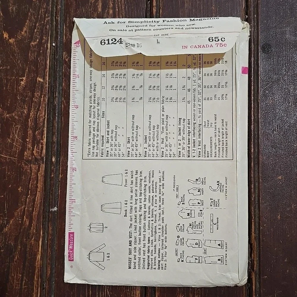 1965 Simplicity Pattern 6124 Misses Suit Vest Skirt Jacket Size 16 Bust‎ 36 Cut